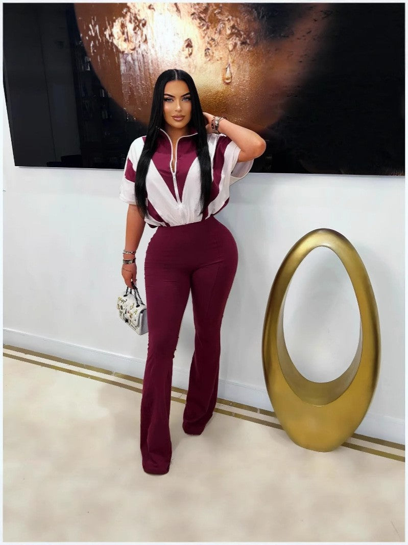Women's Fashion Casual Zipper Stitching Contrast Color Jumpsuits