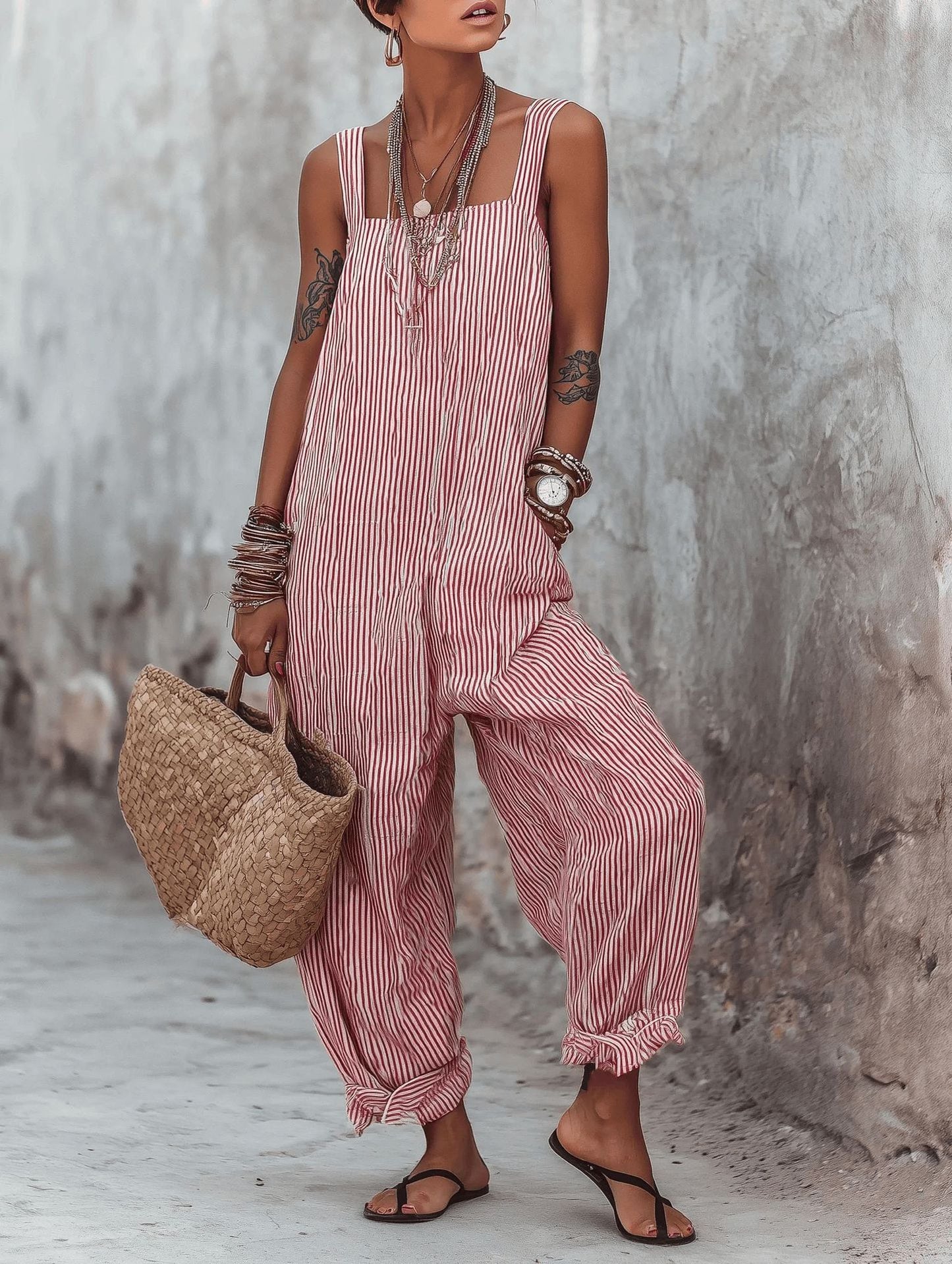 Women's Sleeveless Striped Print Loose Casual Women's Jumpsuit/clothing