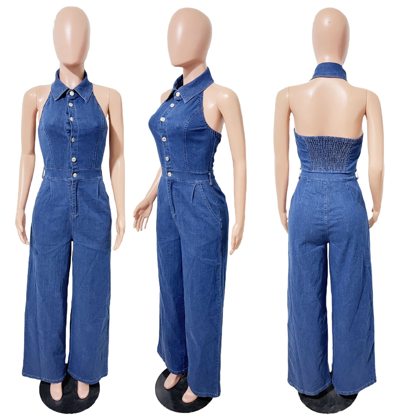 Women's High Elastic Sexy Backless Lapel Wide Jeans