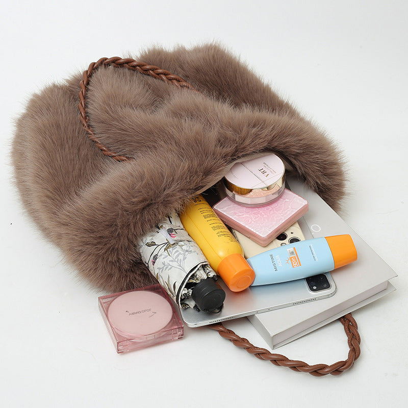 Women's Fashion Pleated Imitation Fox Fur Large Shoulder Bags