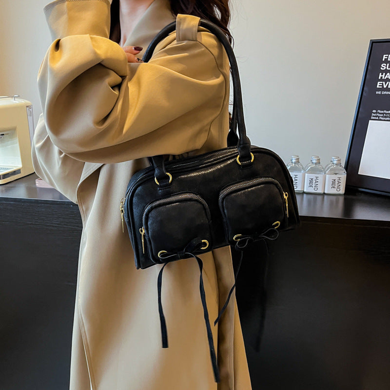 Women's Korean Style Trendy Double Pocket Bowknot Bowling Underarm Shoulder Bags