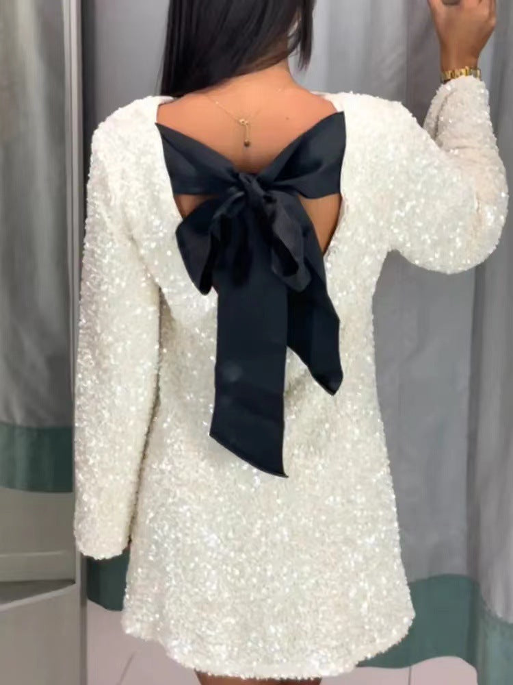 Women's Round Neck Long Sleeve Loose Sequins Glitter Backless Plus Size