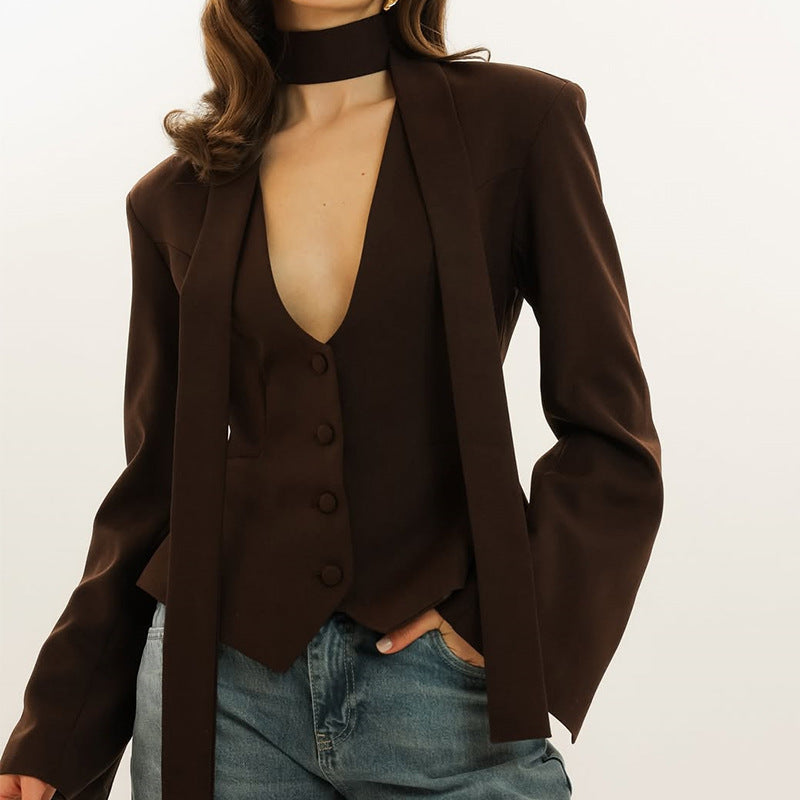 Women's Solid Color Scarf With Long Sleeves Blazers
