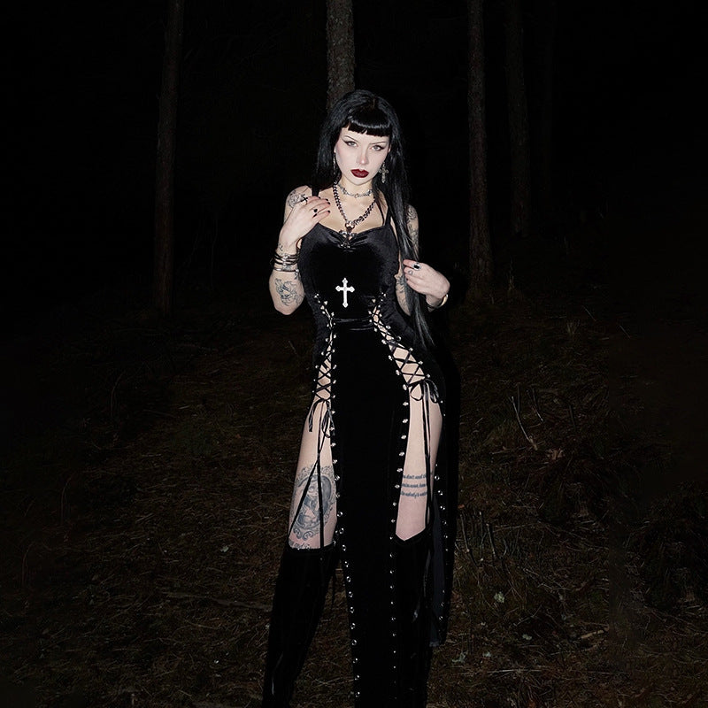 Women's Goth Style High Slit Tied Dress Dresses