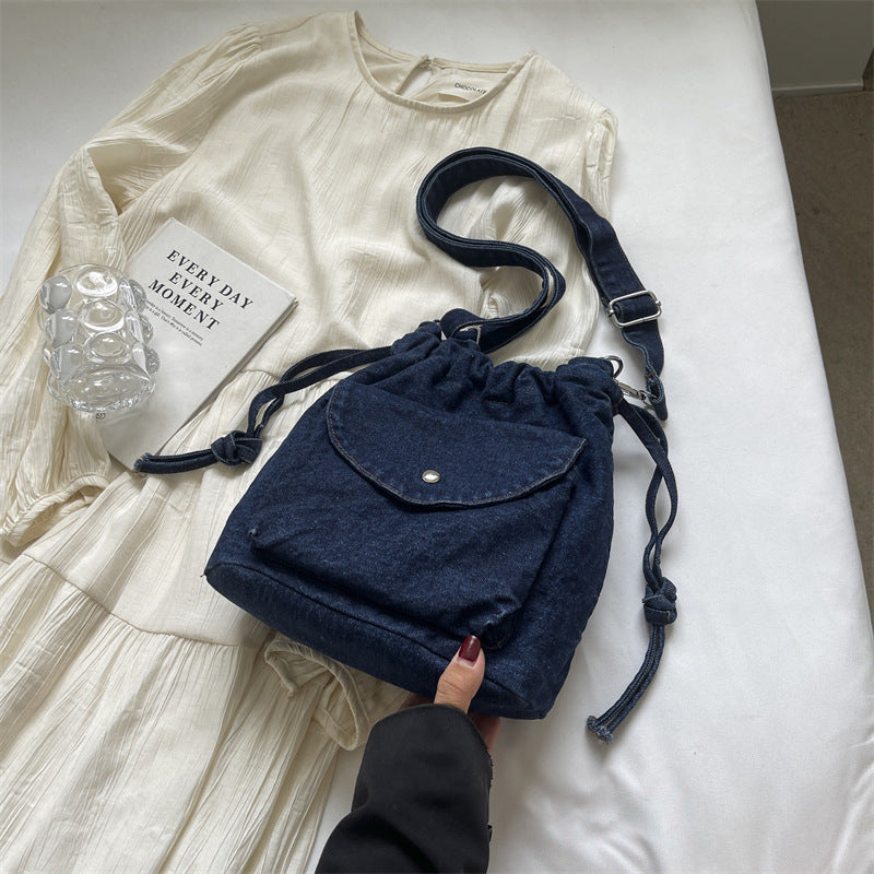 Women's Denim Large Capacity Retro Drawstring Pleated Niche Crossbody Bags