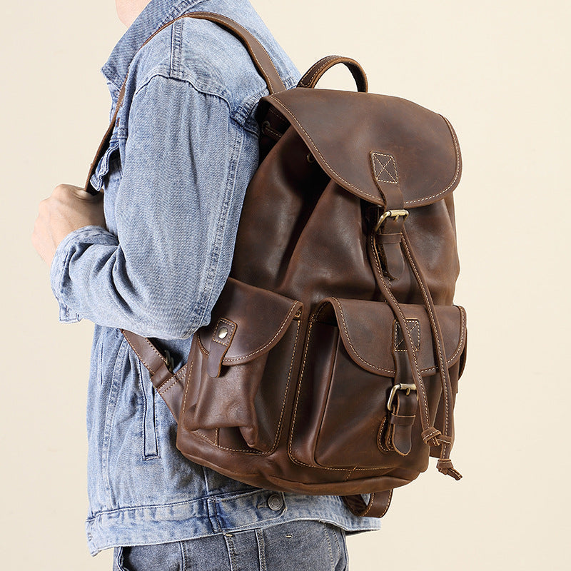 Men's Retro First Layer Cowhide Leather Computer Backpacks