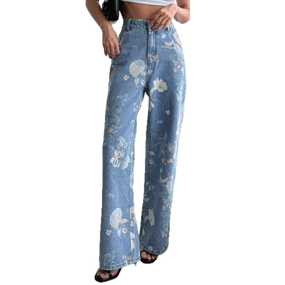 Women's Blue Floral Printed Summer Design High Jeans