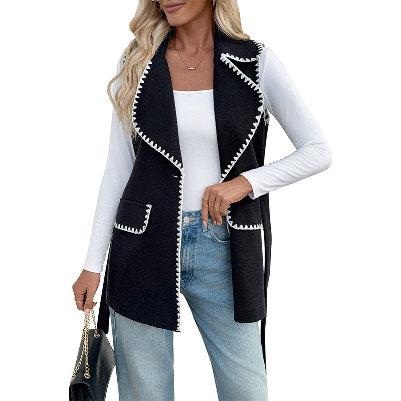 Women's Casual Simple Lace Lapel Contrast Color Vests