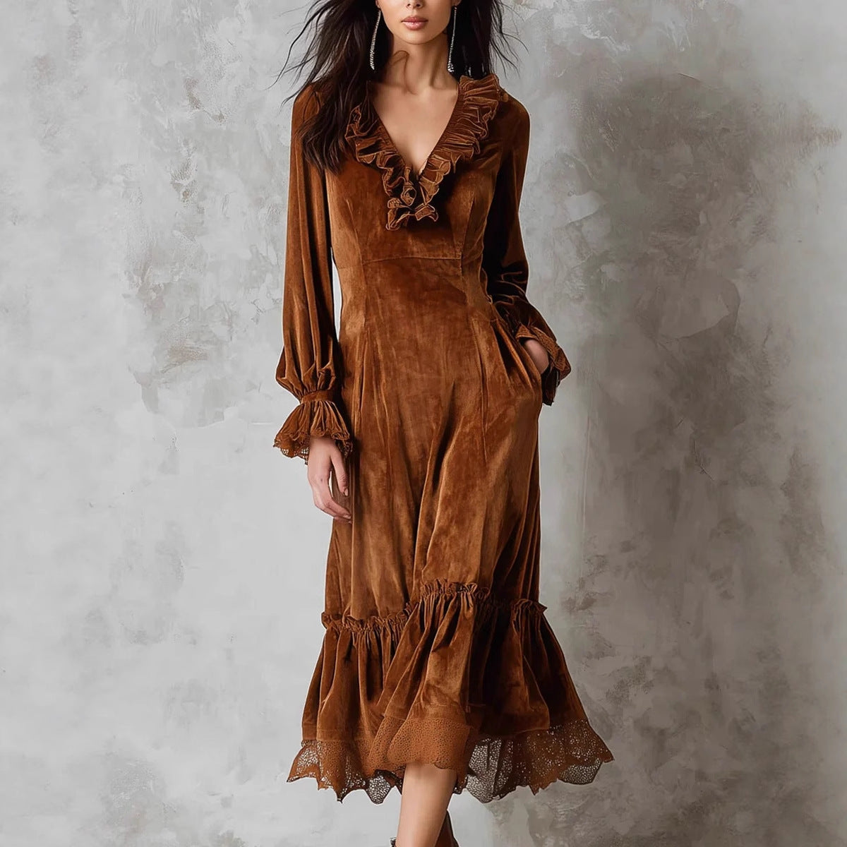 Women's French Lace Patchwork Puff Sleeve Ruffled Dresses