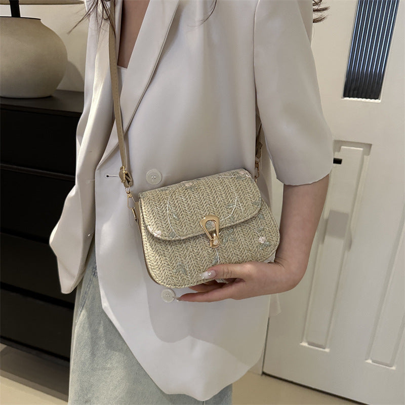 Women's Lace Flower Straw Woven Fashionable Saddle Crossbody Bags