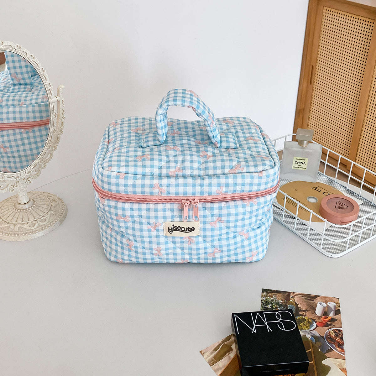 Simple Plaid Korean Style Bow Large Cosmetic Bags