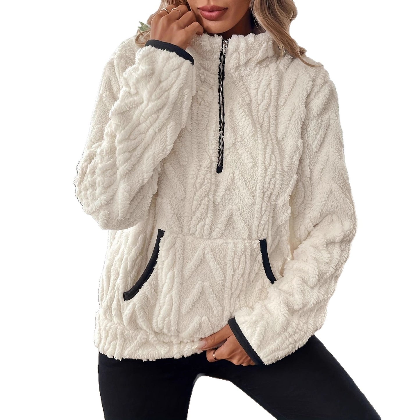 Classic Style Jacquard Half Zipper Plush Women's Sweater, Sweater