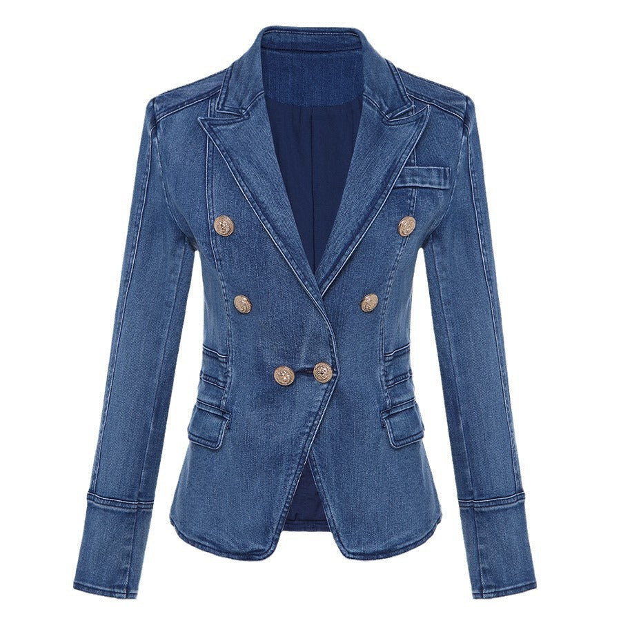 Unique Double-breasted Lion Buckle Wash Denim Small Suit