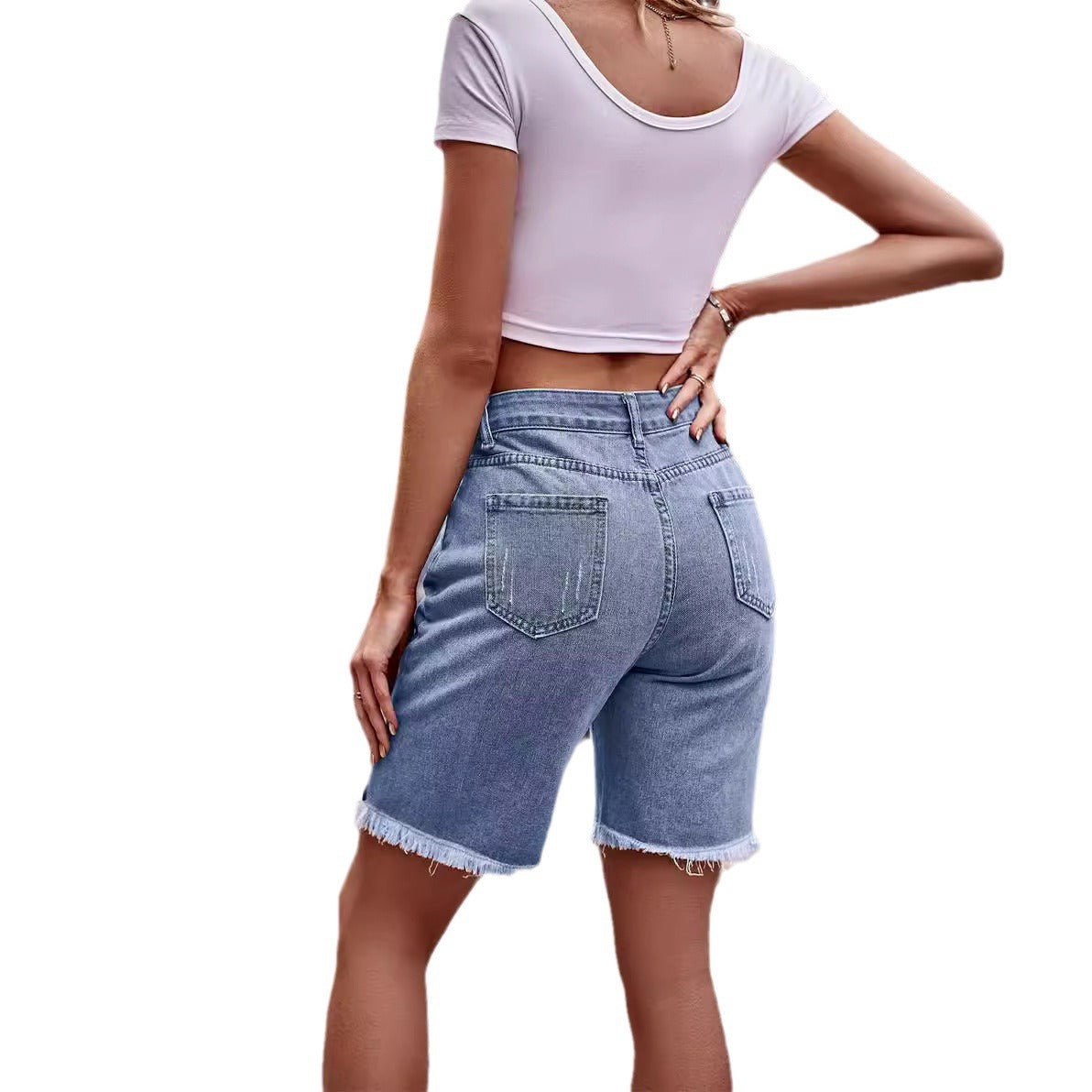 Women's Versatile Burr Denim Cropped Casual Shorts