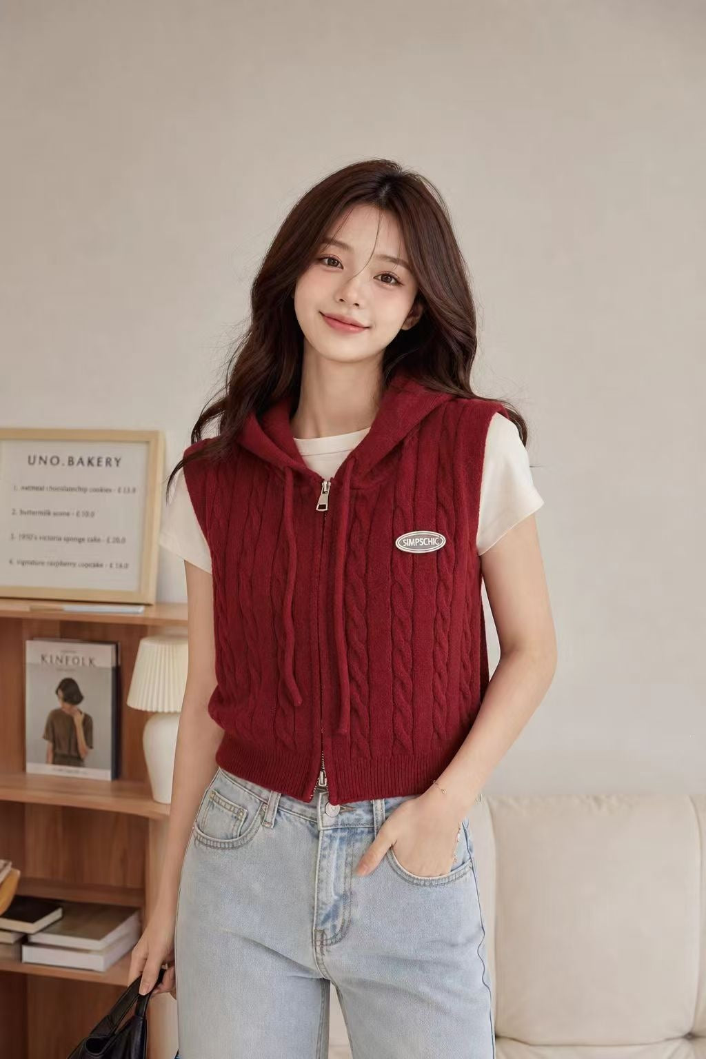 Women's Hooded Twist Waistcoat Outer Wear Loose Cardigans