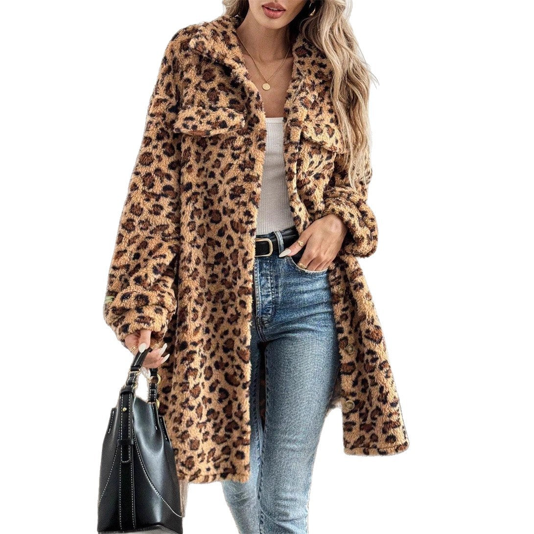 Women's Fashion Loose Casual Mid-length Fur Leopard Coats