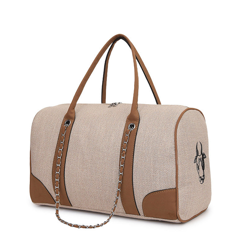 Women's Capacity Contrast Color Canvas Portable Embroidery Commuter Shoulder Bags