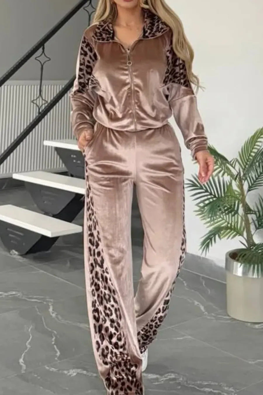 Leopard Print Contrast Color Long-sleeved Sportswear Fashion Casual Suit