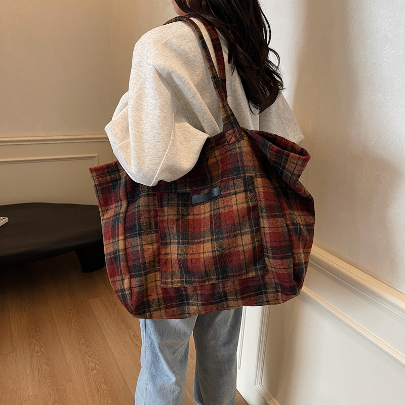 Women's Check Large Capacity Totes Korean Retro Shoulder Bags