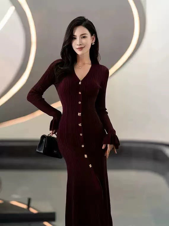 Thin Glittering Line V Single-breasted Flared Dresses