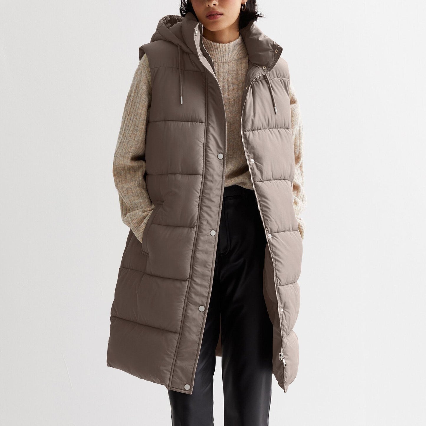 Women's Color Mid-length Hooded Casual Fashion Zipper Vests