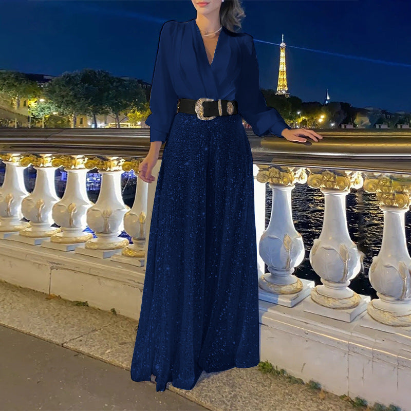 Women's Shirt Elegant Waist Slimming Sequined Wide Women's Jumpsuit/clothing