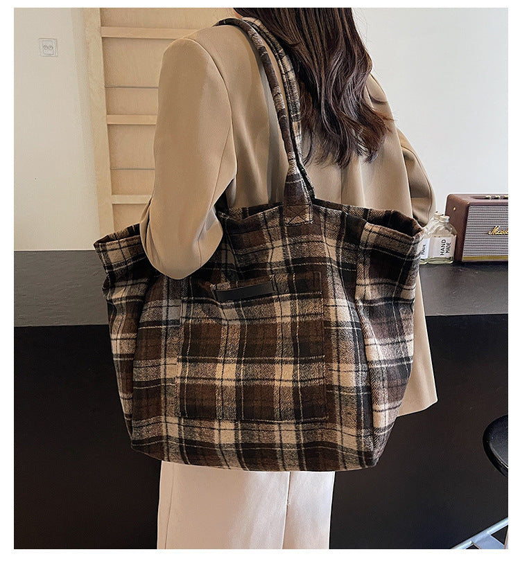 Women's Check Large Capacity Totes Korean Retro Shoulder Bags
