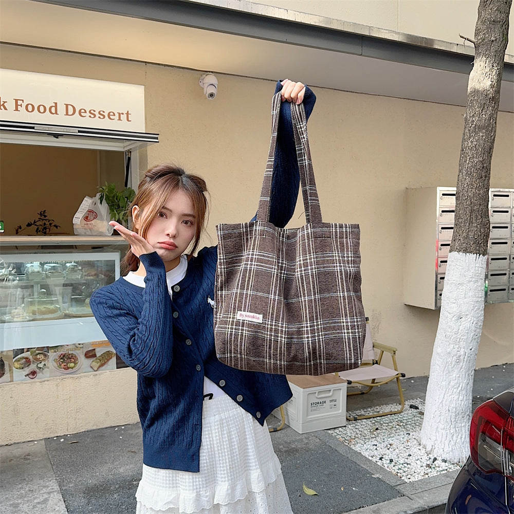 Women's Large Capacity Vintage Woolen Plaid Portable Shoulder Bags