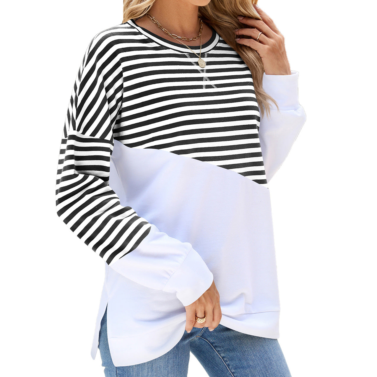 Women's Color Round Neck Contrast Striped Long Coats