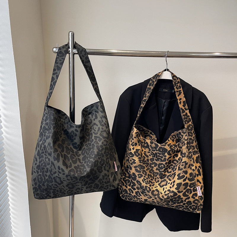 Women's Leopard Print Canvas Korean Large Capacity Commuter Shoulder Bags