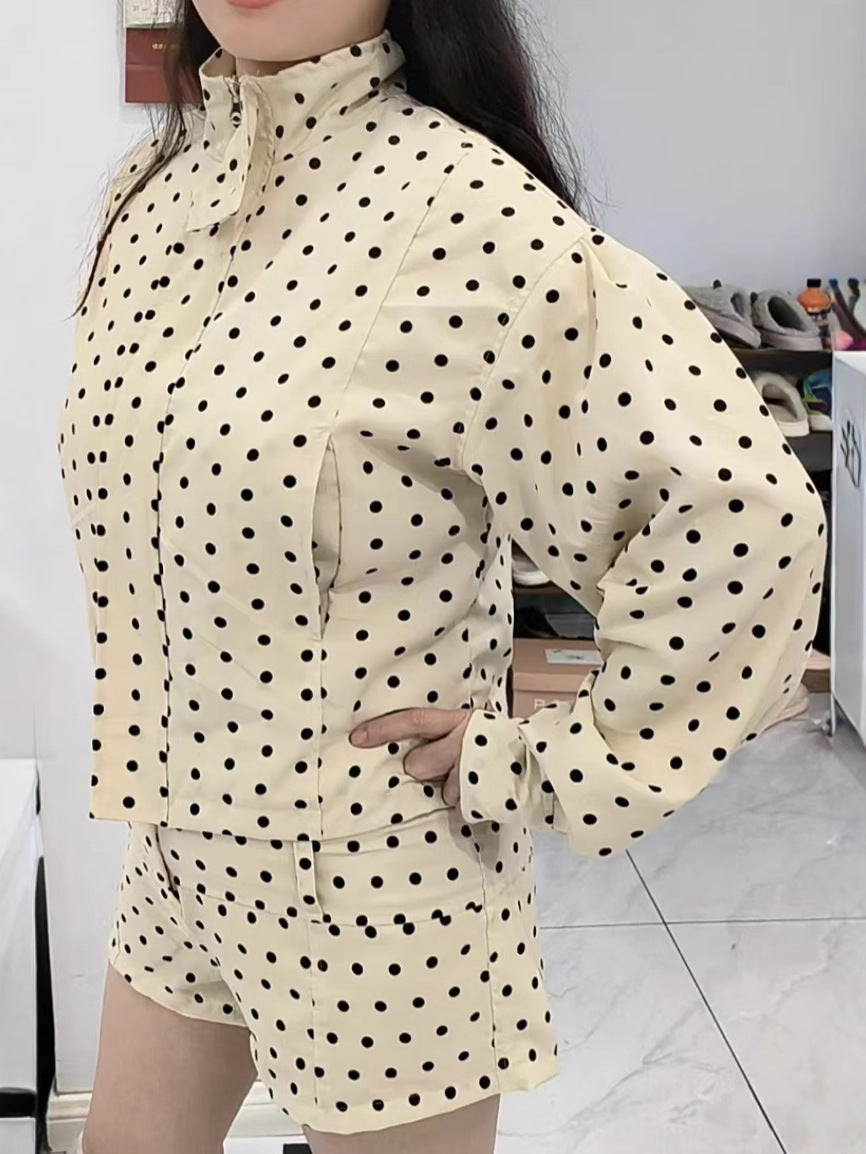 Women's Black White Apricot Dotted Casual European Jackets