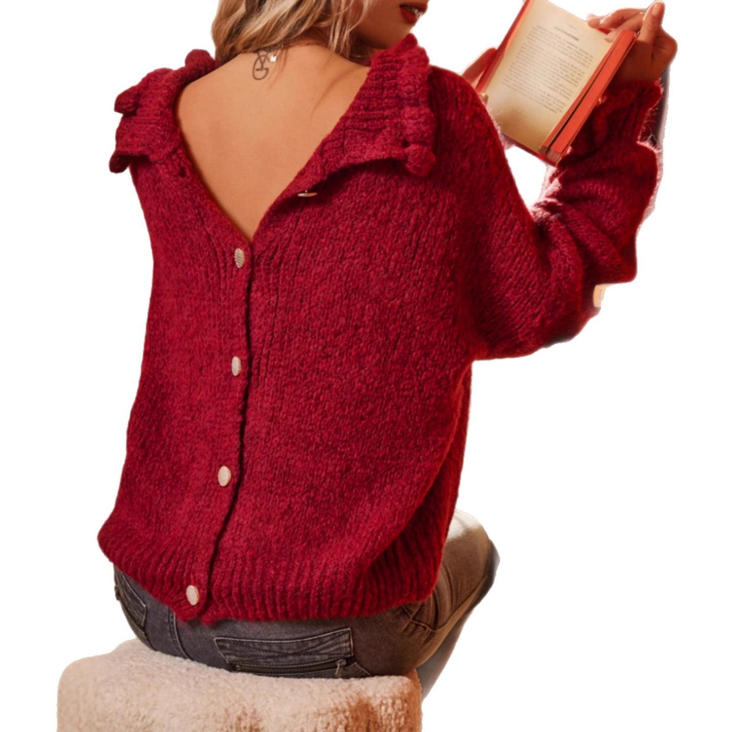 Casual Turtleneck Red Design Simple Loose Sweaters