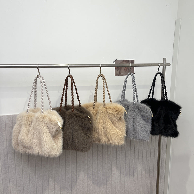 Women's Fashion Pleated Imitation Fox Fur Large Shoulder Bags