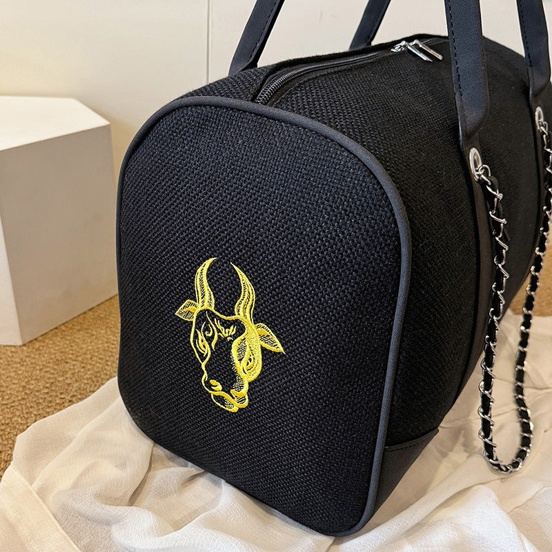 Women's Capacity Contrast Color Canvas Portable Embroidery Commuter Shoulder Bags