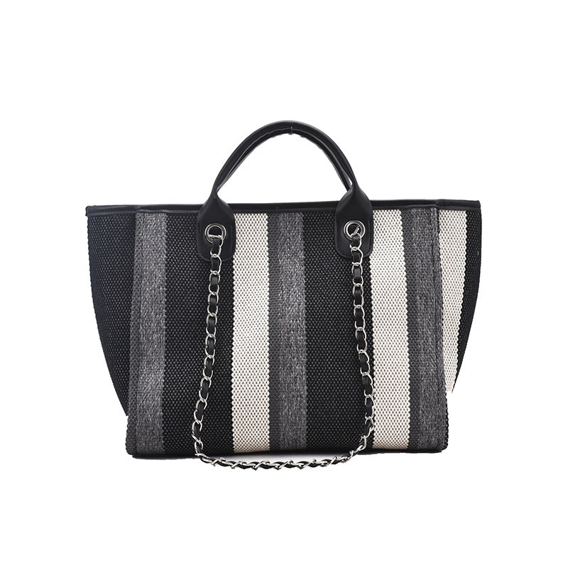 Women's Korean Style Large Capacity Striped Chain Shoulder Bags
