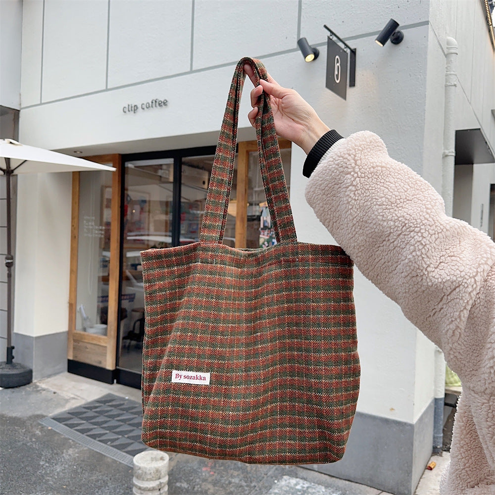 Women's Large Capacity Vintage Woolen Plaid Portable Shoulder Bags