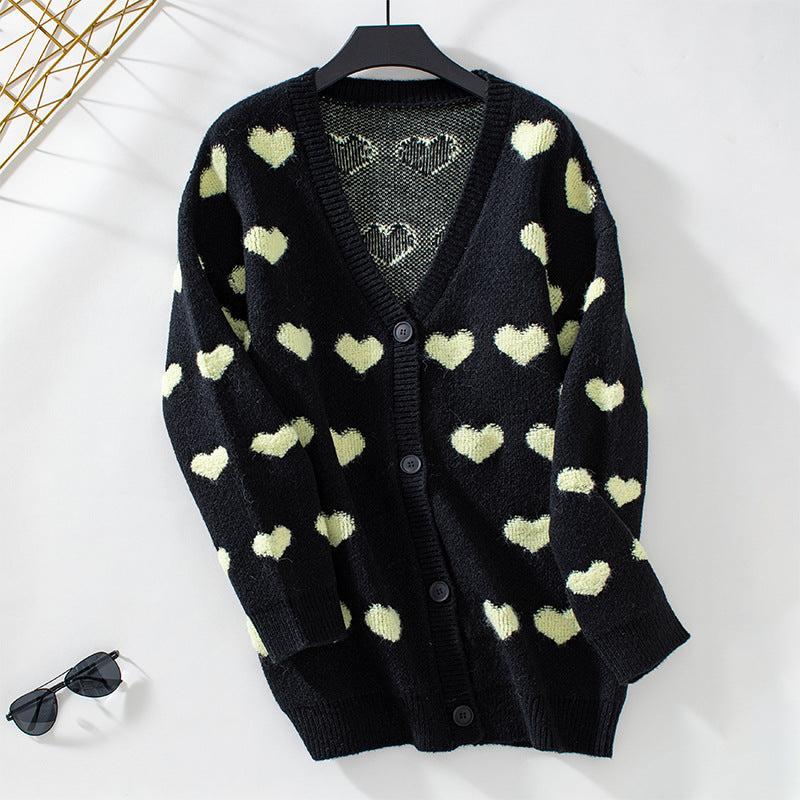 Women's Embroidery Heart Knitted Mid-length Button Sweet Sweaters