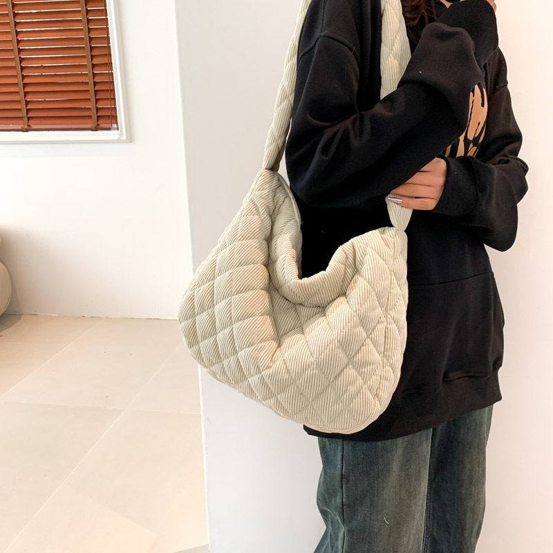 Women's Cotton Corduroy Blue Korean Style Large Crossbody Bags