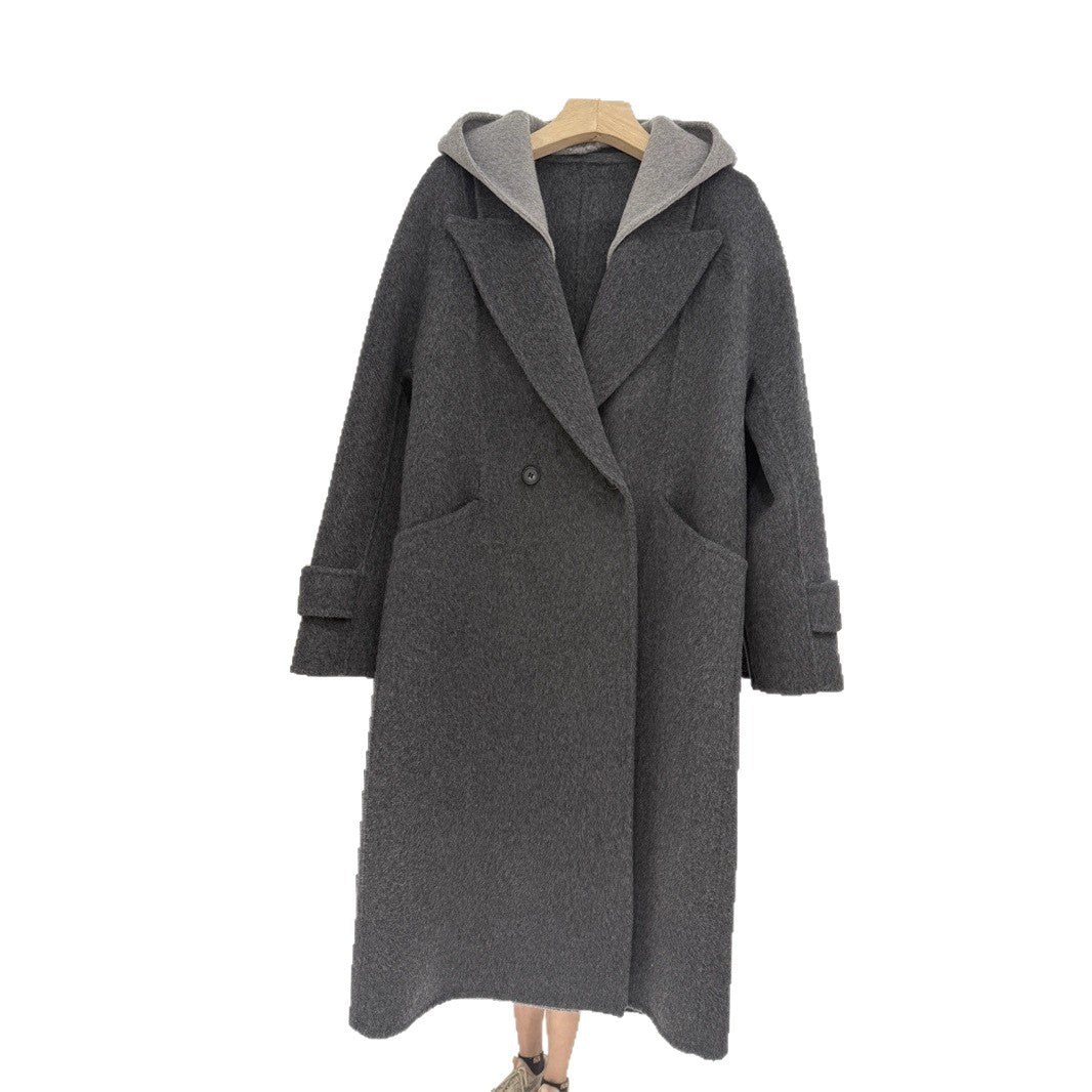 Women's Hooded Fake Two Pieces Woolen Long Winter Hepburn Style Coats