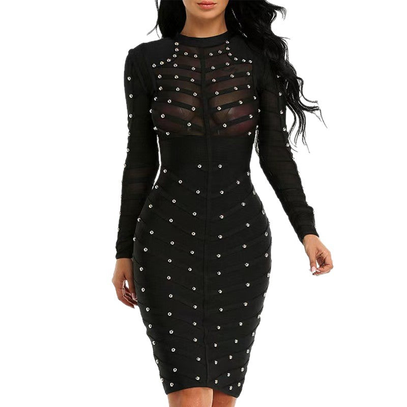 Rivet Mesh Long Sleeve Bandage One-piece Dresses