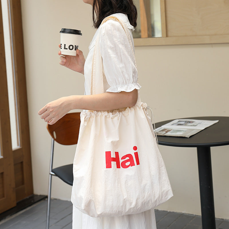 Women's Pleated Canvas Fashionable Letter Printed Drawstring Shoulder Bags