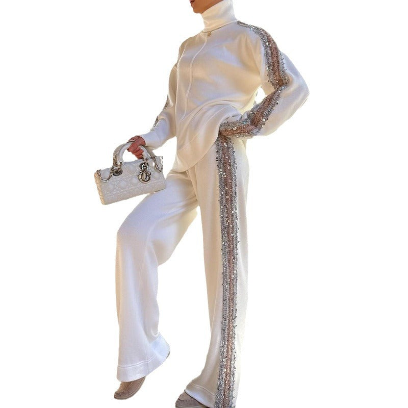 Women's Autumn Turtleneck Fashion Niche Sequined Trim Suits