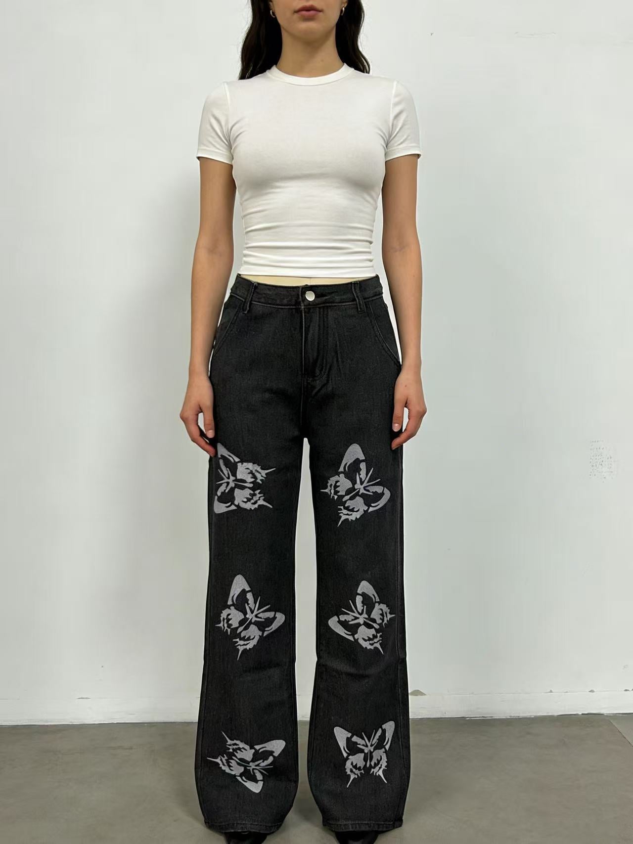 Women's Fashion Design Loose Printed Pattern Straight Women's Jeans