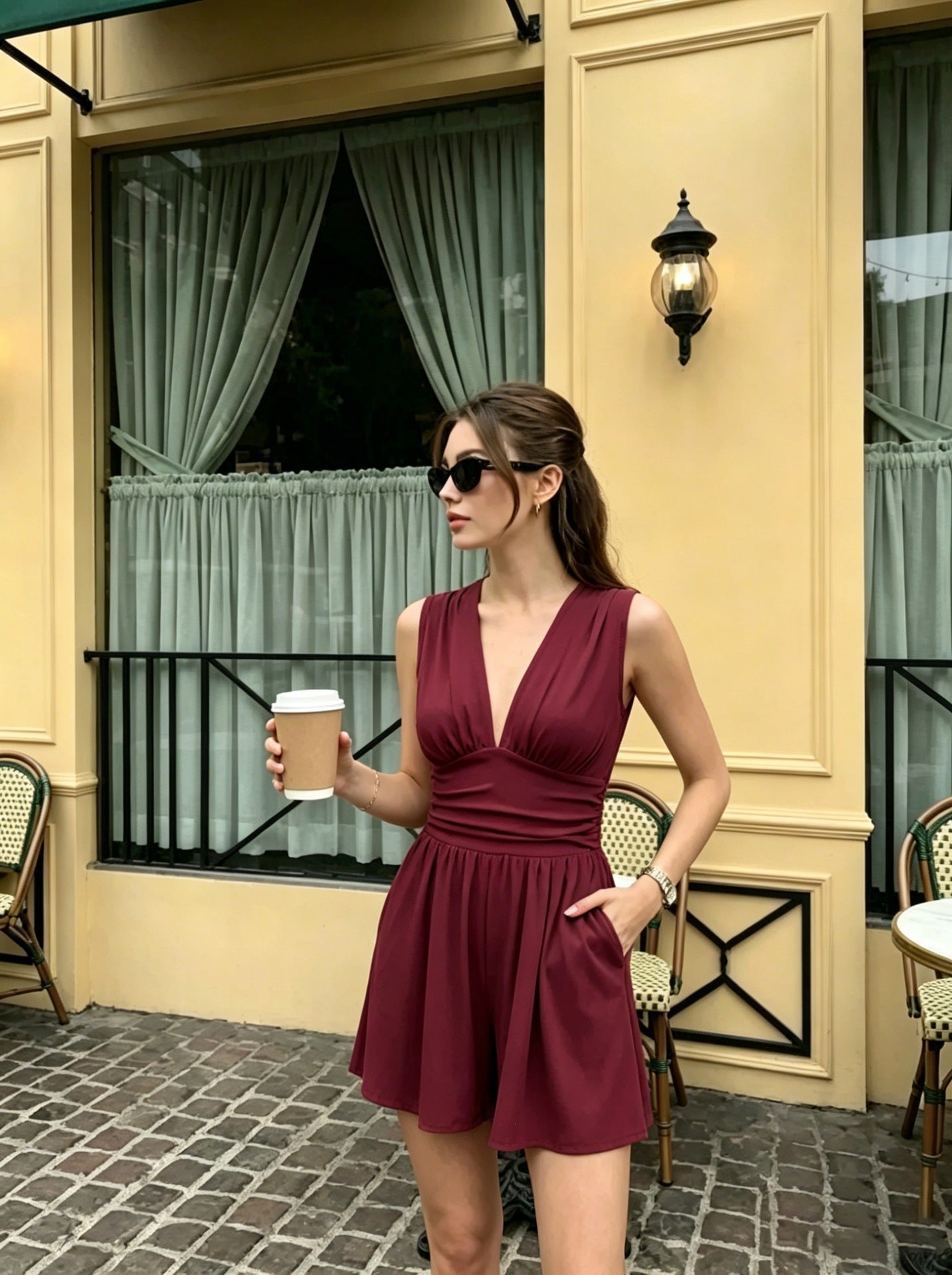 Women's Casual Deep V Stretch Sleeveless Summer Tight Waist Jumpsuits