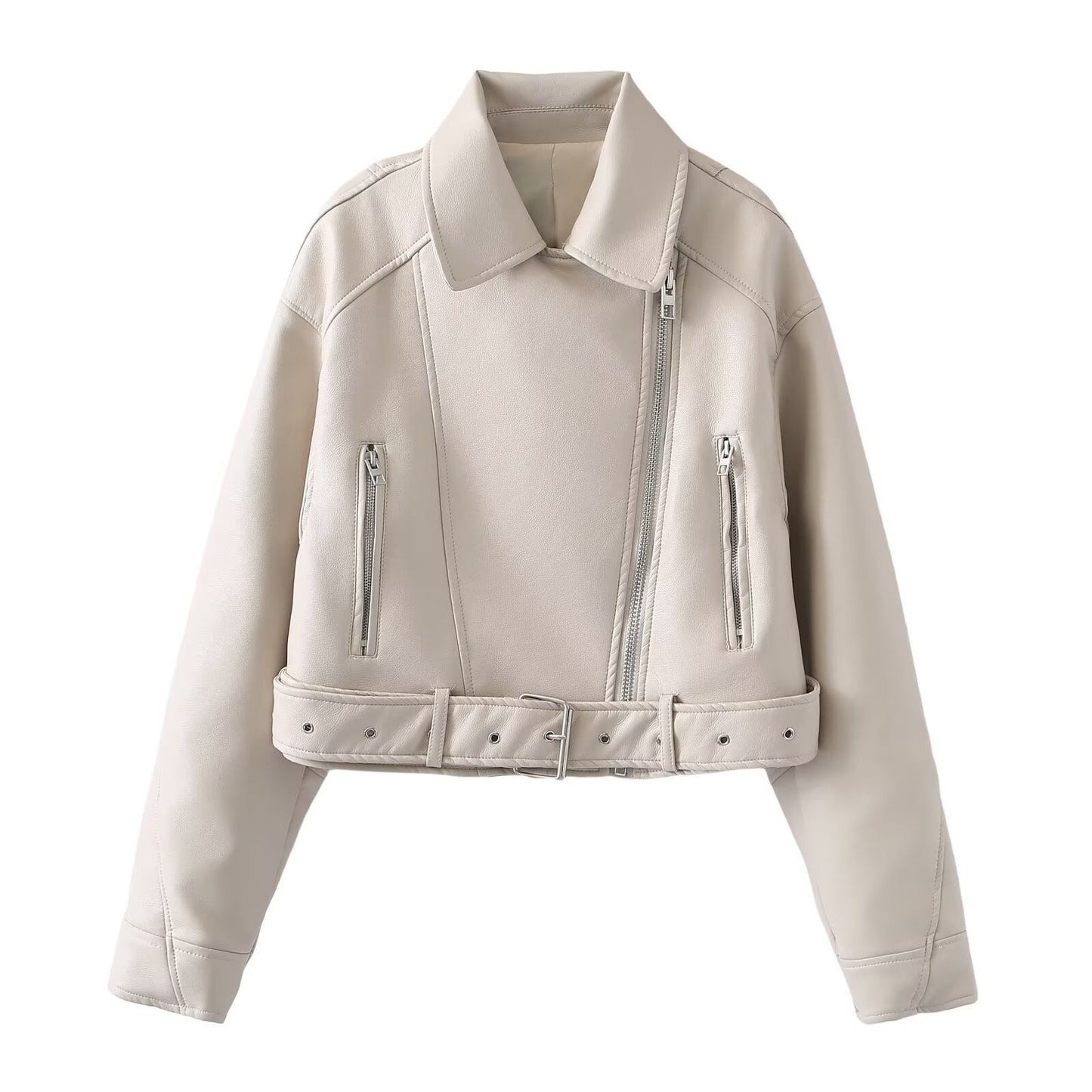 Women's Oblique Zipper Belt Lapel Leather Jackets
