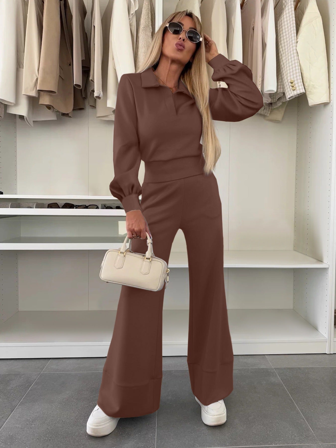 Women's Long Sleeve Elastic Wide Leg Two-piece Set Solid Color Polo Pants