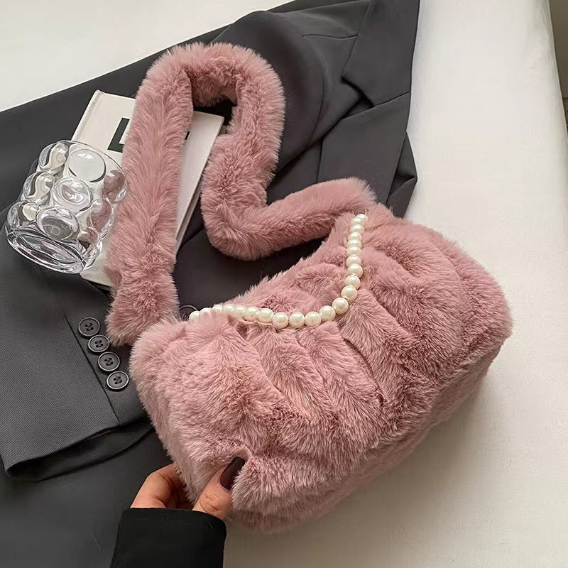 Women's Pearl Design Pleated Plush Fashion Underarm Shoulder Bags