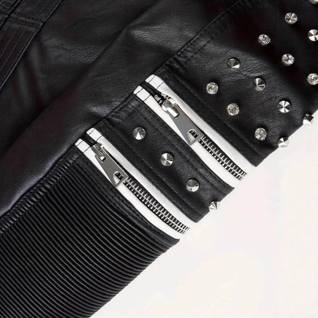 White Contrast Color Rivets Leather Metal Jackets