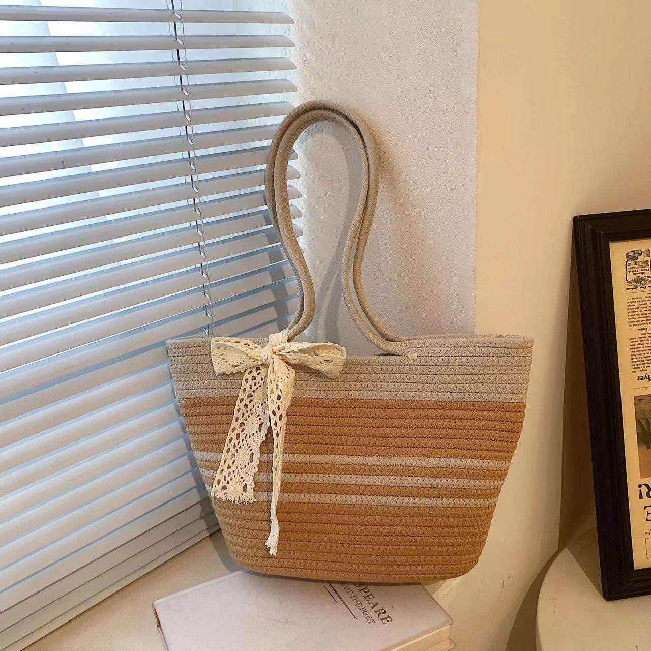Women's Capacity Summer Textured Vegetable Basket Cotton Shoulder Bags