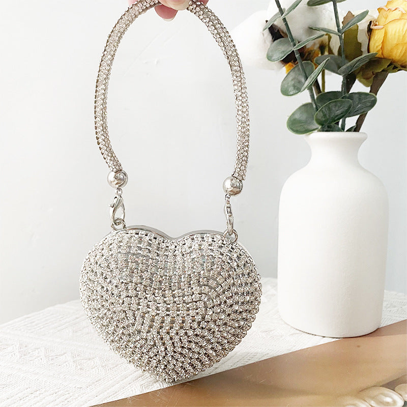 Peach Heart Chain Diamond Glass Stone Evening Bags